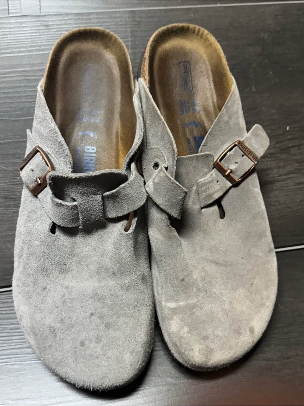 Birkenstock Taupe Suede Boston Clogs with Buckles Soft Sz 42